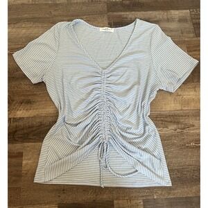 Rebellious Dreamer Blue White Striped Knit V-Neck Ruched Drawstring Tee L